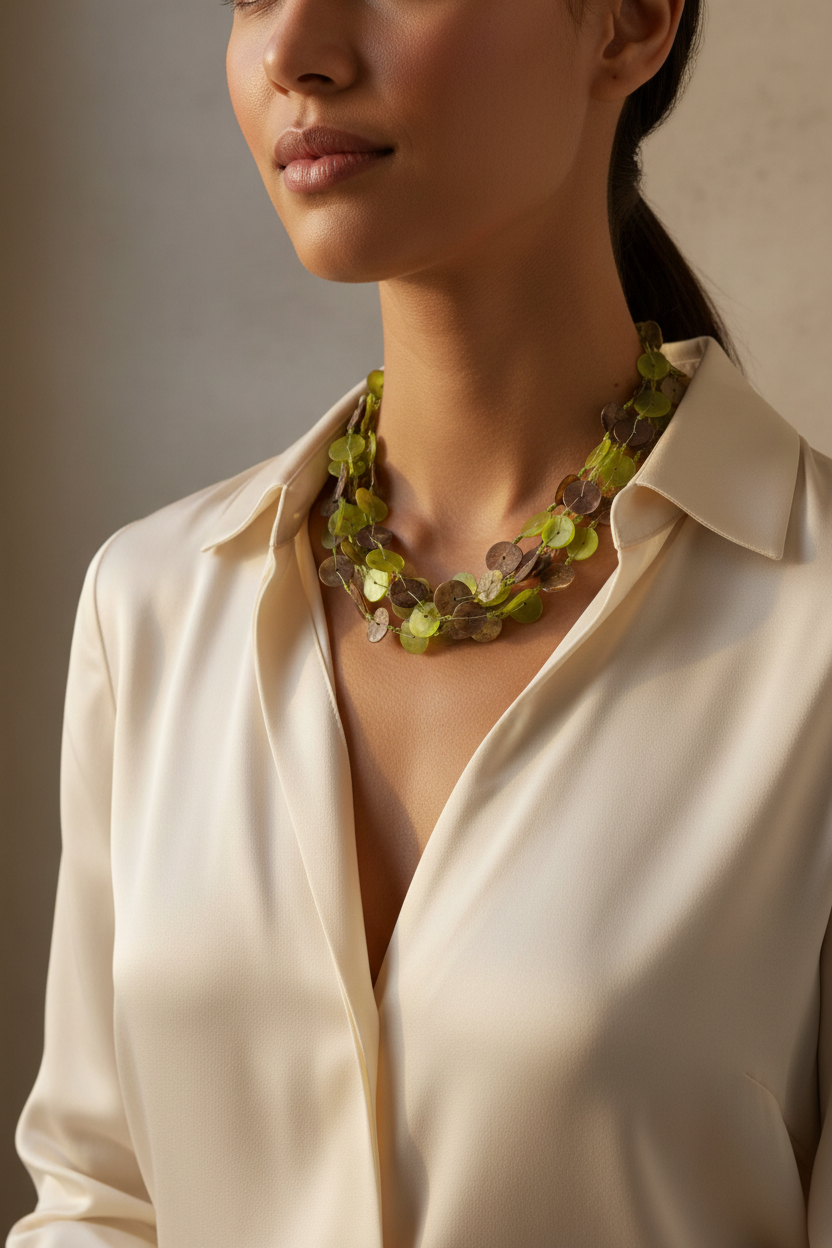 Collier vintage - neuf - perles nacre reflet irisé- vert ou rose - coquillage - multi rangs cascade - bohème chic