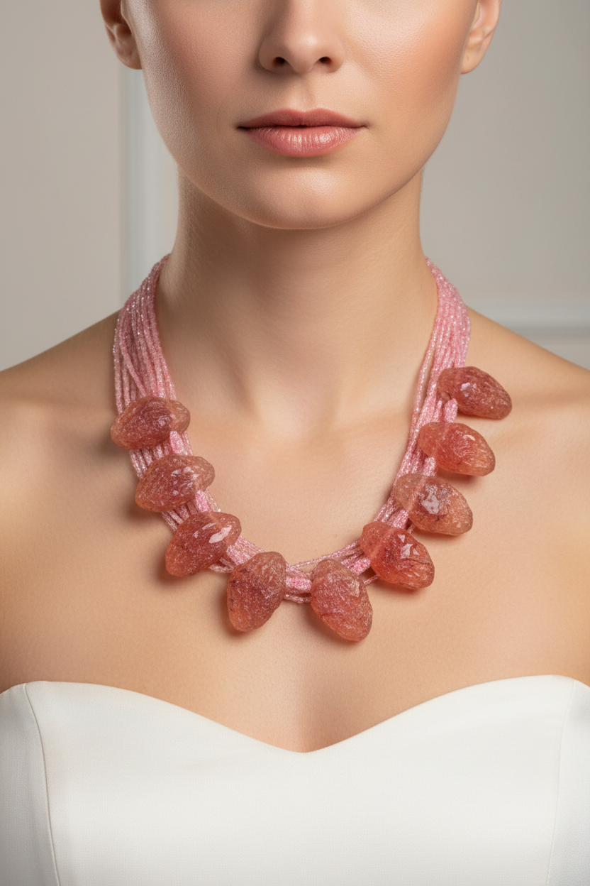 collier vintage - neuf - perles rose fuchsia nacré - pendentif pierres brut corail ambre géode - chic original