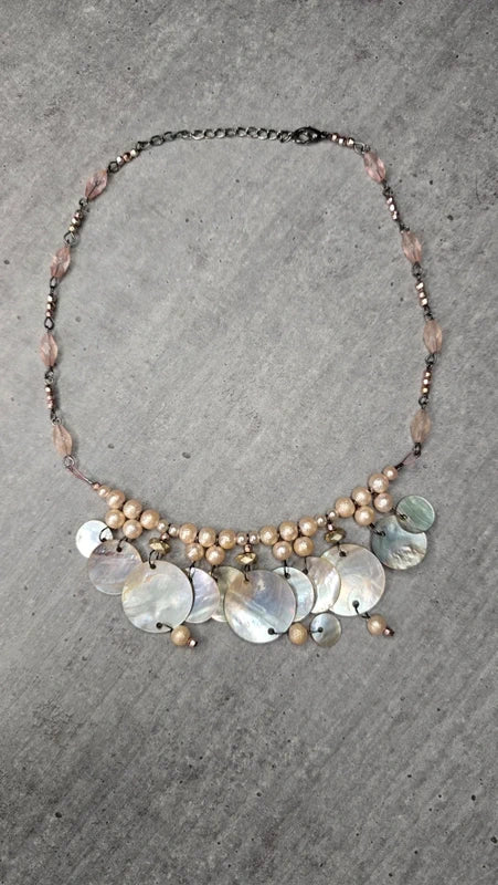 collier vintage - neuf - réversible - nacre véritable - perles blanc beige brun doré rose - luxe chic élégant