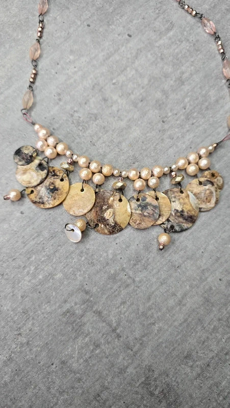 collier vintage - neuf - réversible - nacre véritable - perles blanc beige brun doré rose - luxe chic élégant