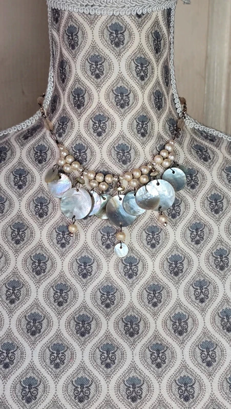collier vintage - neuf - réversible - nacre véritable - perles blanc beige brun doré rose - luxe chic élégant