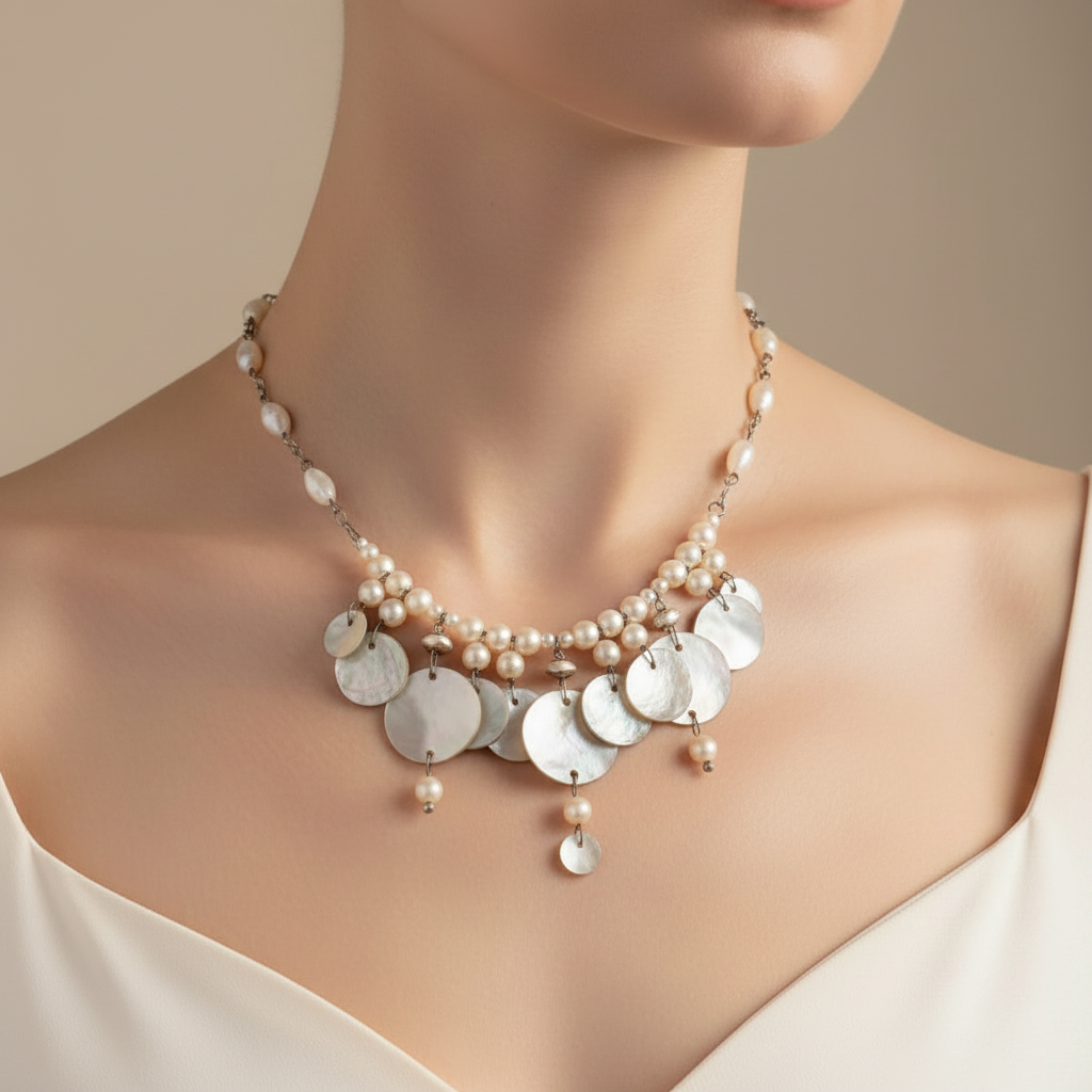 collier vintage - neuf - réversible - nacre véritable - perles blanc beige brun doré rose - luxe chic élégant