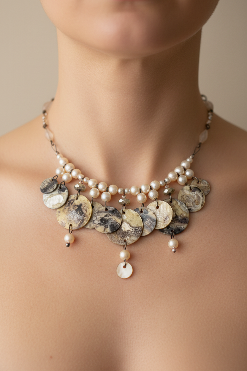 collier vintage - neuf - réversible - nacre véritable - perles blanc beige brun doré rose - luxe chic élégant