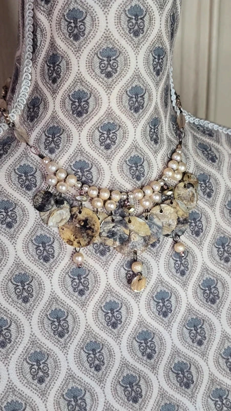 collier vintage - neuf - réversible - nacre véritable - perles blanc beige brun doré rose - luxe chic élégant