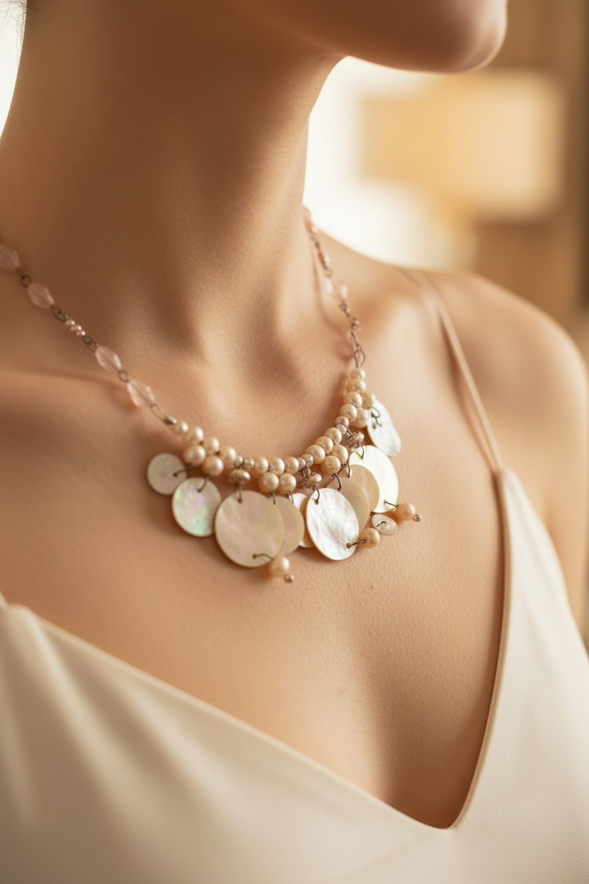 collier vintage - neuf - réversible - nacre véritable - perles blanc beige brun doré rose - luxe chic élégant