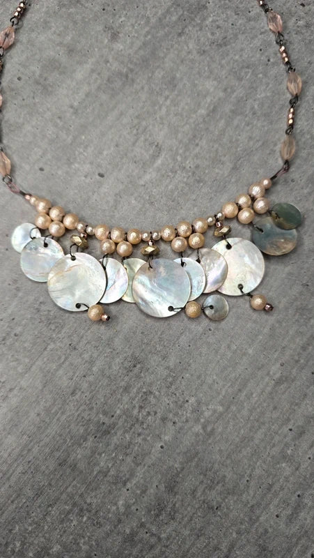collier vintage - neuf - réversible - nacre véritable - perles blanc beige brun doré rose - luxe chic élégant