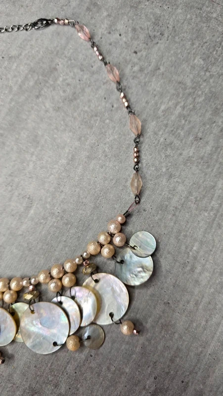 collier vintage - neuf - réversible - nacre véritable - perles blanc beige brun doré rose - luxe chic élégant