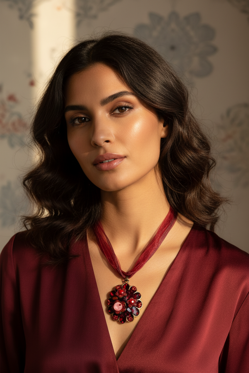 collier vintage - neuf - cordon organza rouge - pendentif forme fleurs rouge bordeaux strass perles