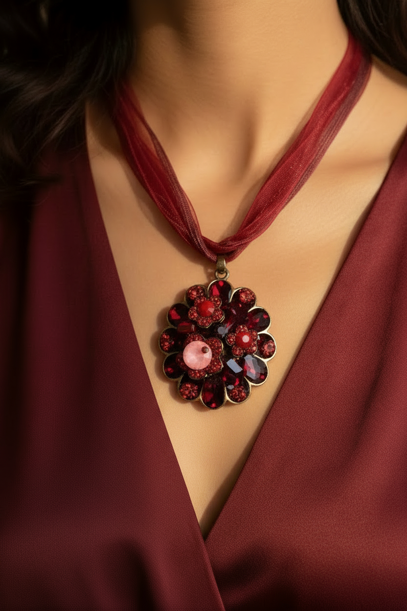 collier vintage - neuf - cordon organza rouge - pendentif forme fleurs rouge bordeaux strass perles