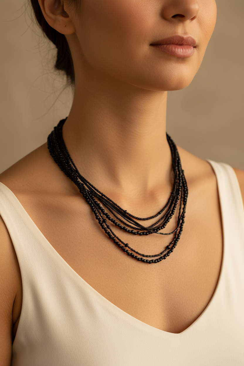 Collier - neuf - multi rangs perles noir brillantes cordon effet daim - moderne casual urbain