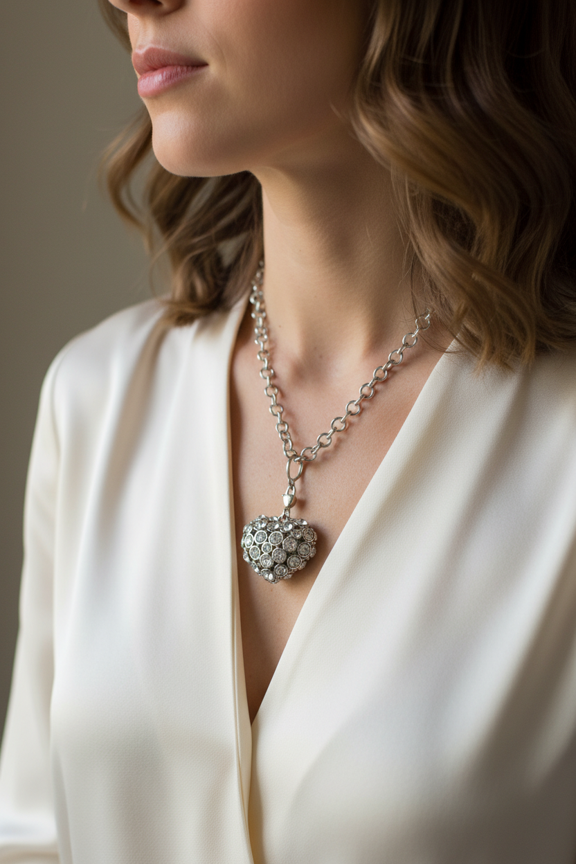 Collier vintage - neuf - chaine argenté - pendentif coeur pavé de strass pierres brillantes - amovible