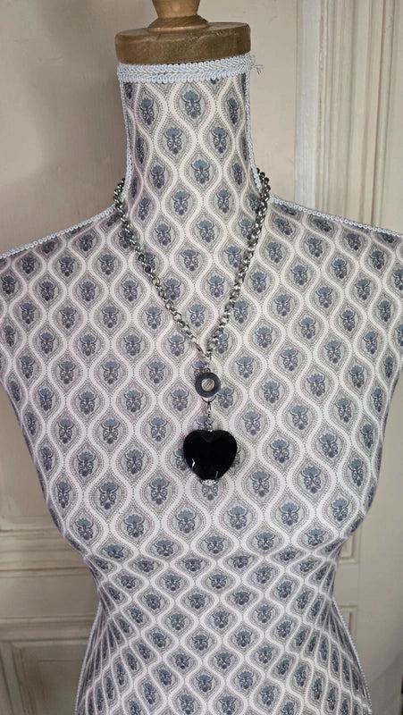 Collier vintage - chaine argenté - pendentif coeur noir facetté laqué - effet cristal brillant - amovible