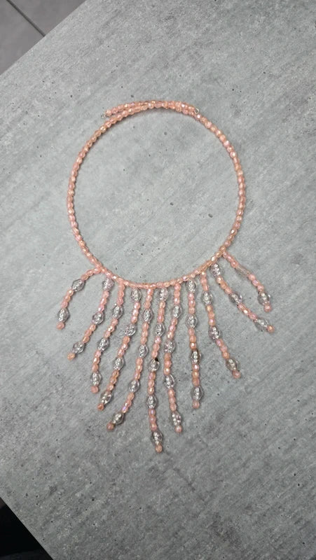 collier vintage - rose saumon - perles translucide - pierres strass argenté perles - pampilles
