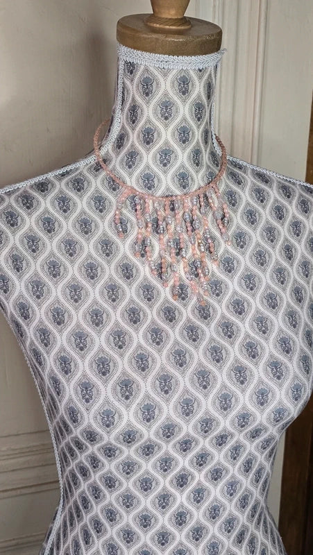collier vintage - rose saumon - perles translucide - pierres strass argenté perles - pampilles