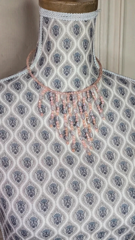 collier vintage - rose saumon - perles translucide - pierres strass argenté perles - pampilles