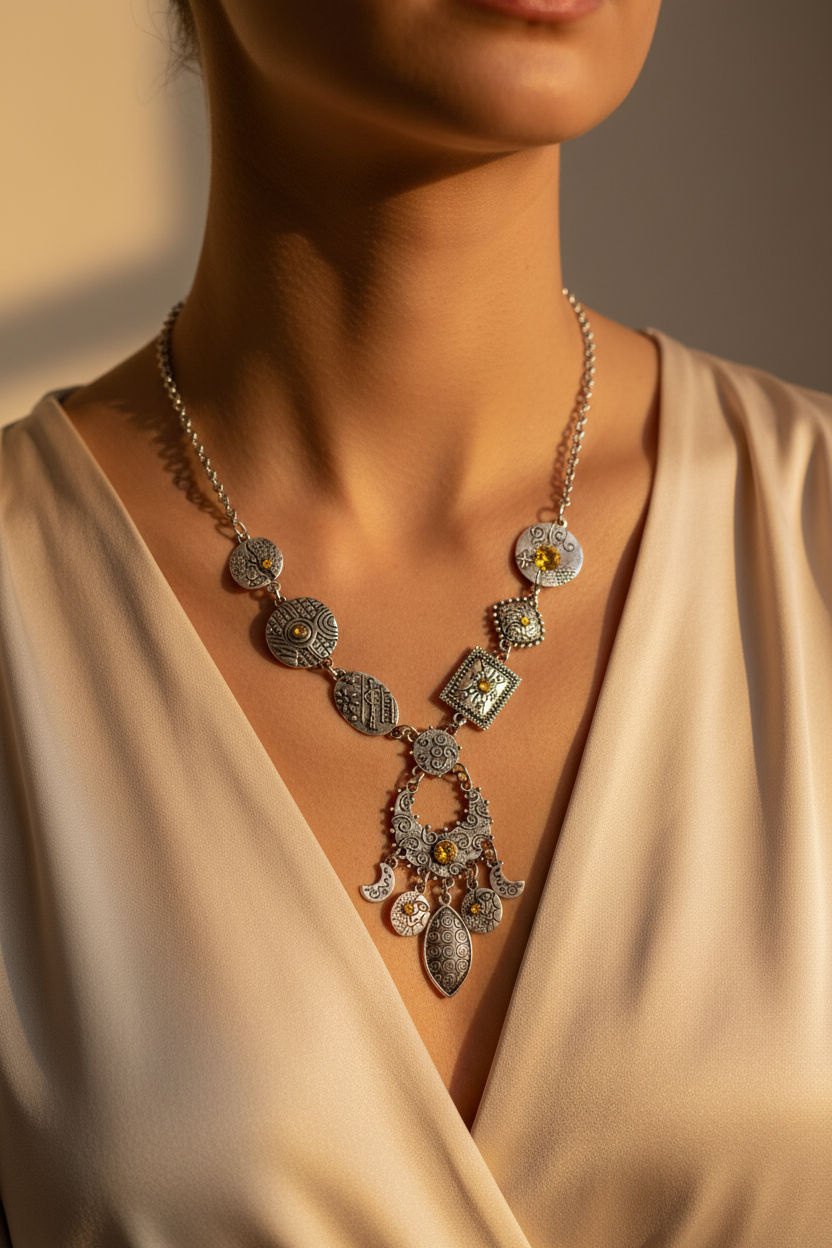 collier vintage - neuf - argenté vieilli - pendentif gravé travaillé - pierres strass jaune doré