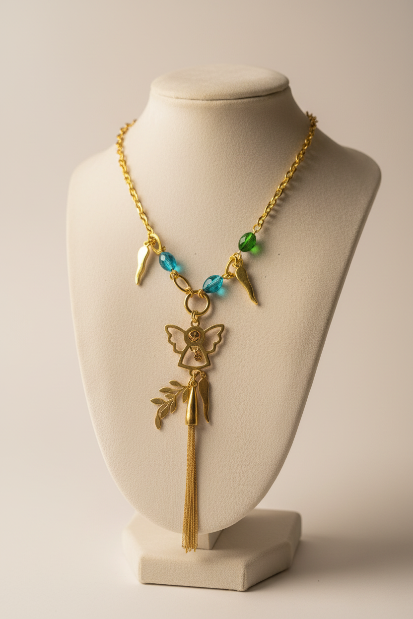 collier vintage - neuf - doré symbolique porte bonheur - perles verte turquoise - ange laurier cornes abondances - rare et original