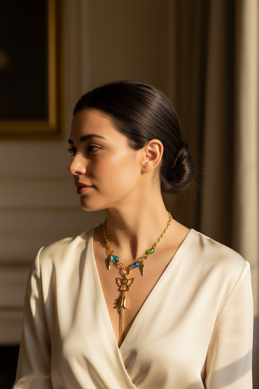 collier vintage - neuf - doré symbolique porte bonheur - perles verte turquoise - ange laurier cornes abondances - rare et original