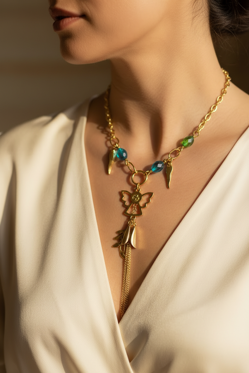 collier vintage - neuf - doré symbolique porte bonheur - perles verte turquoise - ange laurier cornes abondances - rare et original