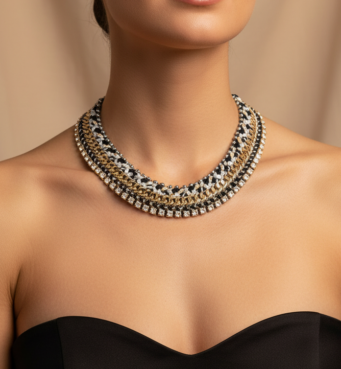 collier plastron - multi chaine - doré tresse gris noir blanc - perles métallique - rangée de strass