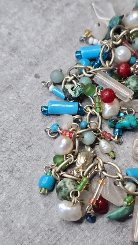 collier vintage - pierre naturelle véritable jade jaspe aventurine eau douce - verre rose rouge bleu vert blanc