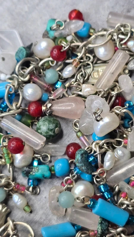 collier vintage - pierre naturelle véritable jade jaspe aventurine eau douce - verre rose rouge bleu vert blanc