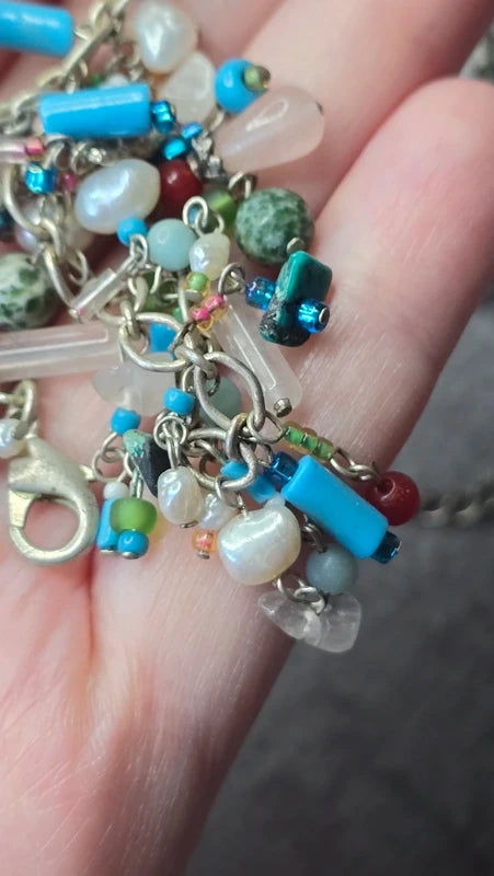 collier vintage - pierre naturelle véritable jade jaspe aventurine eau douce - verre rose rouge bleu vert blanc