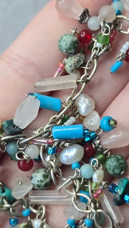 collier vintage - pierre naturelle véritable jade jaspe aventurine eau douce - verre rose rouge bleu vert blanc