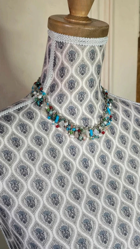 collier vintage - pierre naturelle véritable jade jaspe aventurine eau douce - verre rose rouge bleu vert blanc