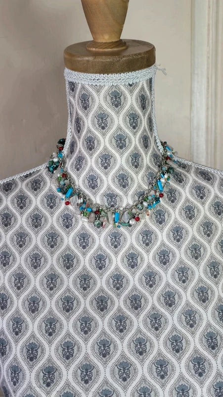 collier vintage - pierre naturelle véritable jade jaspe aventurine eau douce - verre rose rouge bleu vert blanc