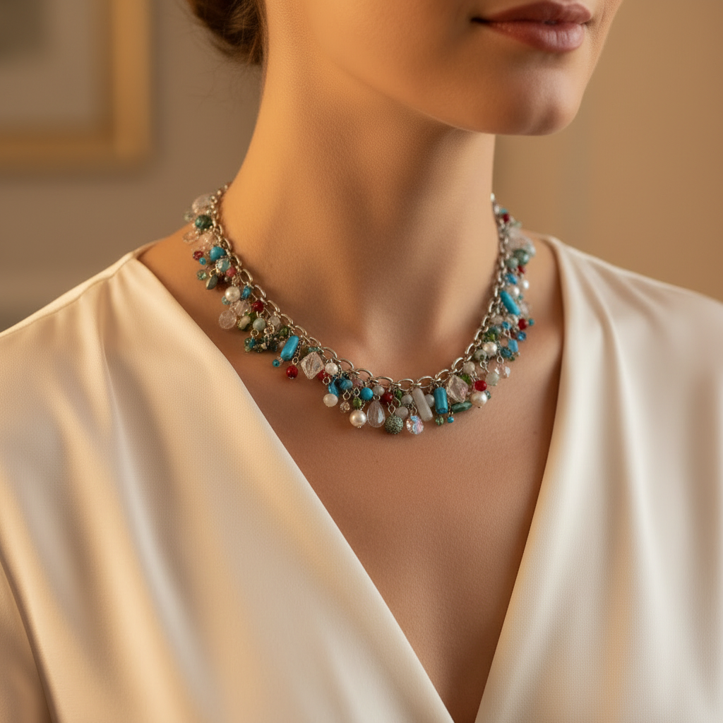 collier vintage - pierre naturelle véritable jade jaspe aventurine eau douce - verre rose rouge bleu vert blanc