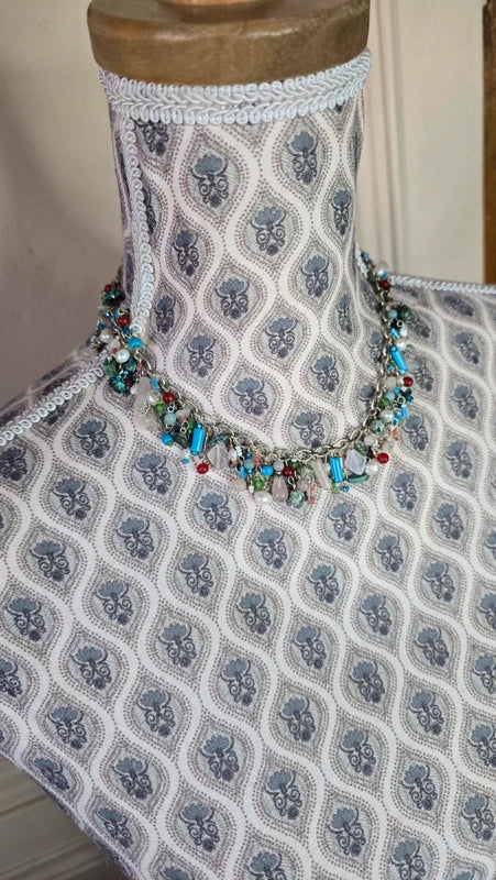 collier vintage - pierre naturelle véritable jade jaspe aventurine eau douce - verre rose rouge bleu vert blanc