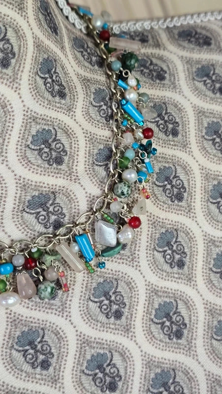 collier vintage - pierre naturelle véritable jade jaspe aventurine eau douce - verre rose rouge bleu vert blanc