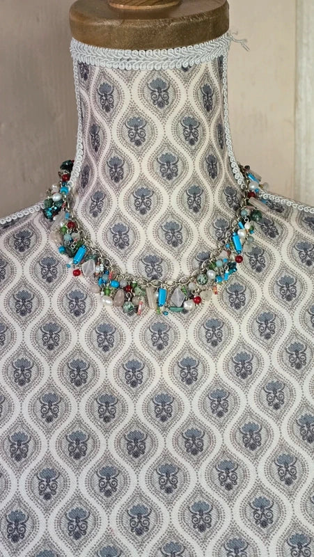 collier vintage - pierre naturelle véritable jade jaspe aventurine eau douce - verre rose rouge bleu vert blanc