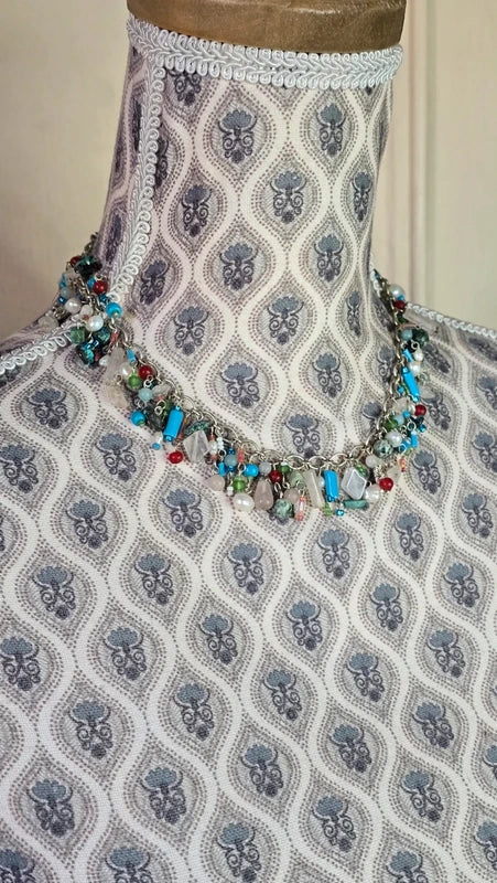 collier vintage - pierre naturelle véritable jade jaspe aventurine eau douce - verre rose rouge bleu vert blanc