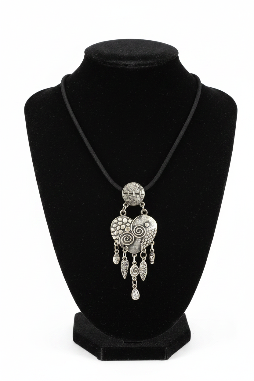 collier vintage - velours daim noir - pendentif coeur argenté effet vieilli gravé - charms pampilles strass