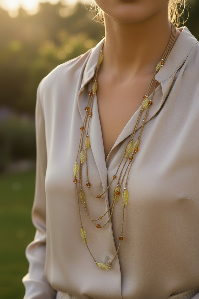 collier sautoir vintage - cordon tressé raphia - pendentif poisson translucide perles argenté orange