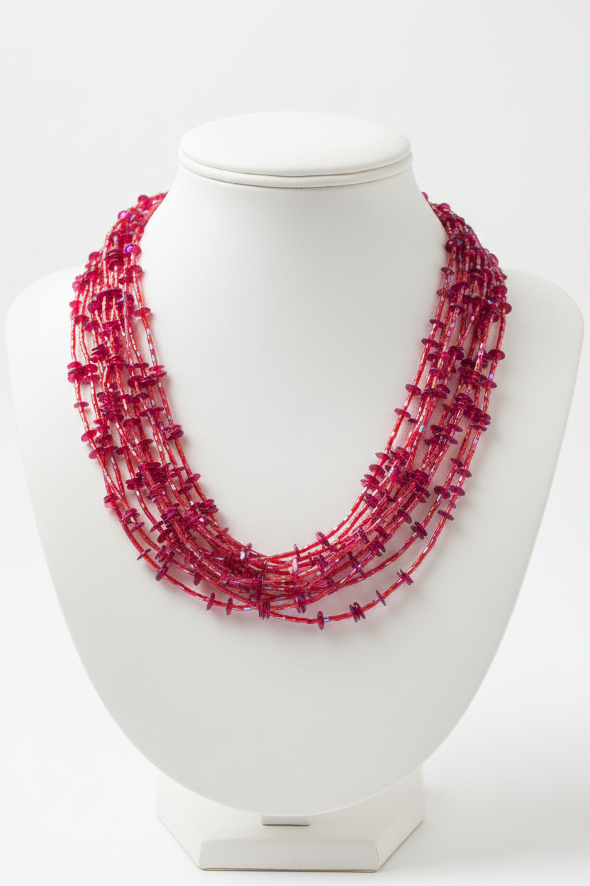 collier vintage - multi rangs rose fuchsia framboise - perles facetté brillantes - volume relief chic