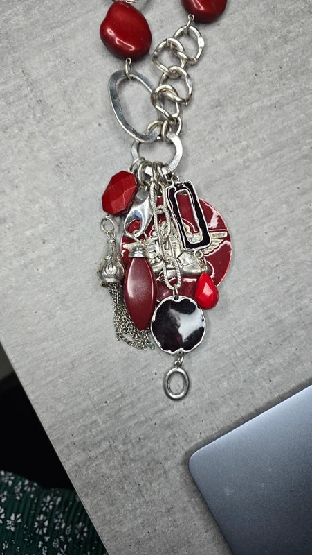 collier sautoir vintage - chaine maillon argenté - pendentif pierre perle ange rouge bordeaux - rare original