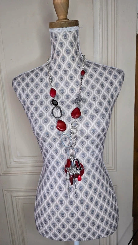 collier sautoir vintage - chaine maillon argenté - pendentif pierre perle ange rouge bordeaux - rare original