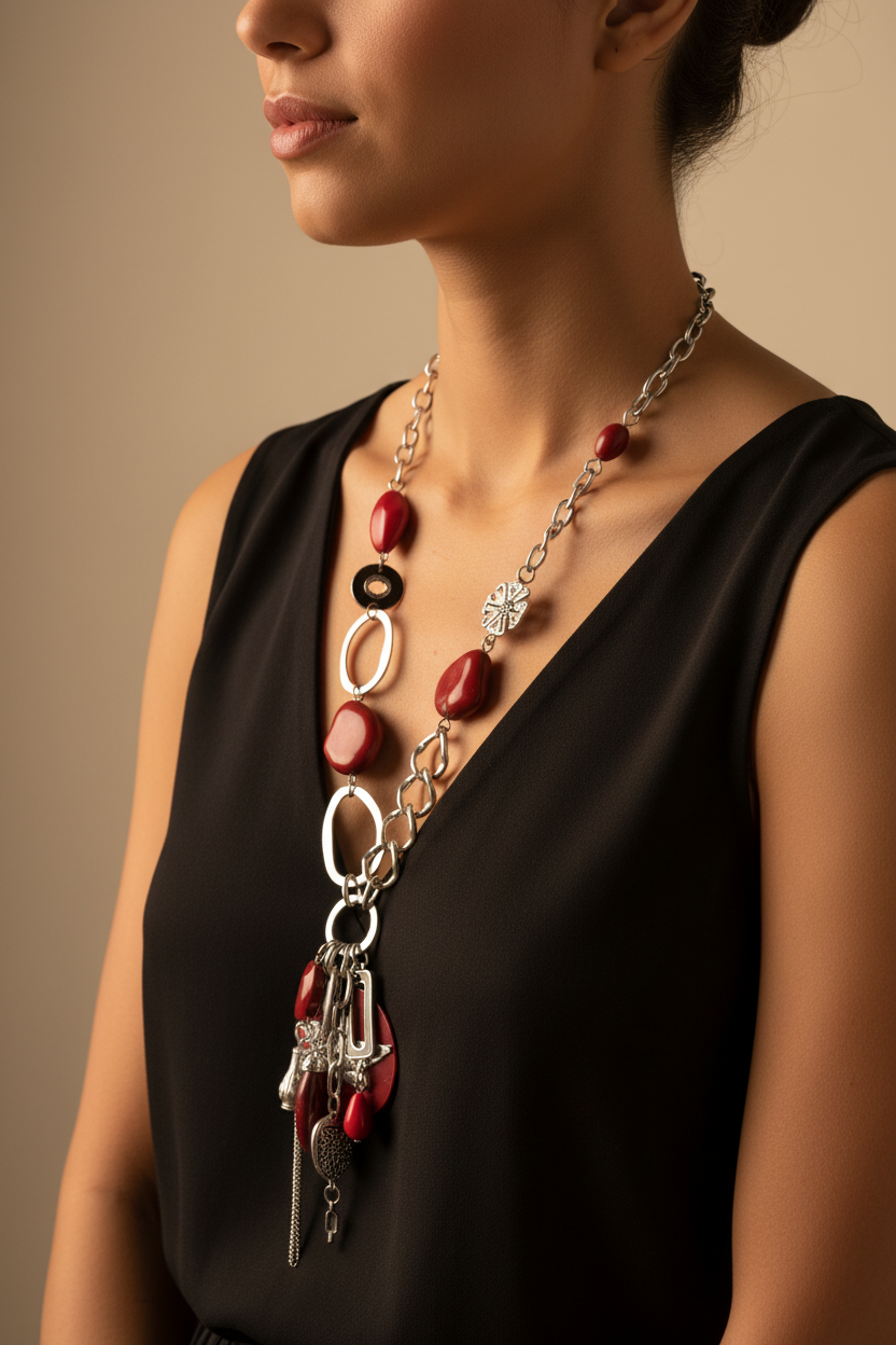 collier sautoir vintage - chaine maillon argenté - pendentif pierre perle ange rouge bordeaux - rare original