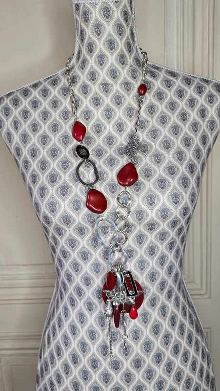 collier sautoir vintage - chaine maillon argenté - pendentif pierre perle ange rouge bordeaux - rare original