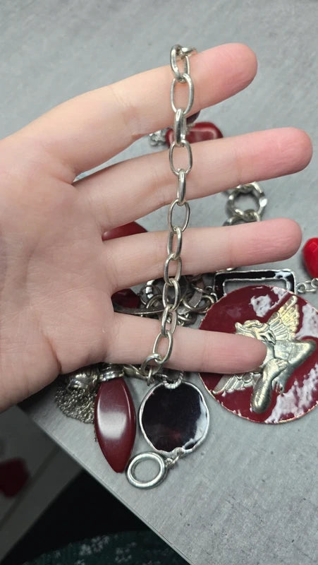collier sautoir vintage - chaine maillon argenté - pendentif pierre perle ange rouge bordeaux - rare original