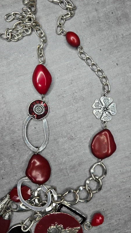 collier sautoir vintage - chaine maillon argenté - pendentif pierre perle ange rouge bordeaux - rare original