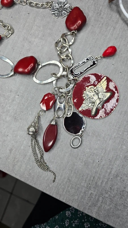 collier sautoir vintage - chaine maillon argenté - pendentif pierre perle ange rouge bordeaux - rare original