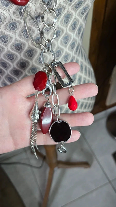 collier sautoir vintage - chaine maillon argenté - pendentif pierre perle ange rouge bordeaux - rare original