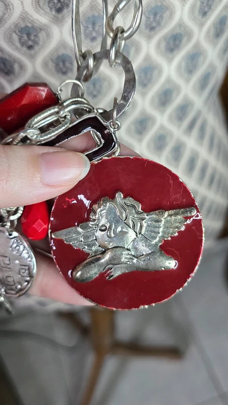 collier sautoir vintage - chaine maillon argenté - pendentif pierre perle ange rouge bordeaux - rare original
