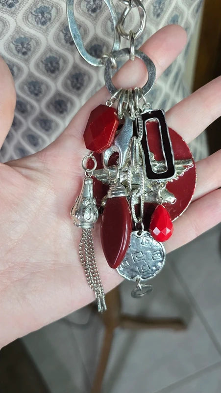 collier sautoir vintage - chaine maillon argenté - pendentif pierre perle ange rouge bordeaux - rare original