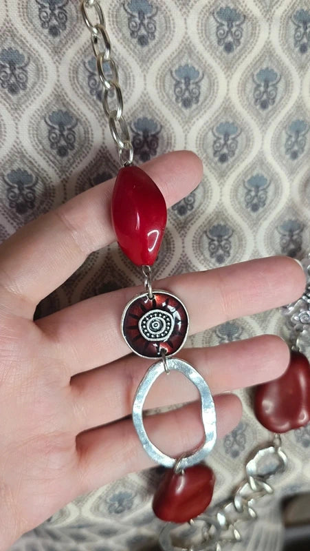 collier sautoir vintage - chaine maillon argenté - pendentif pierre perle ange rouge bordeaux - rare original
