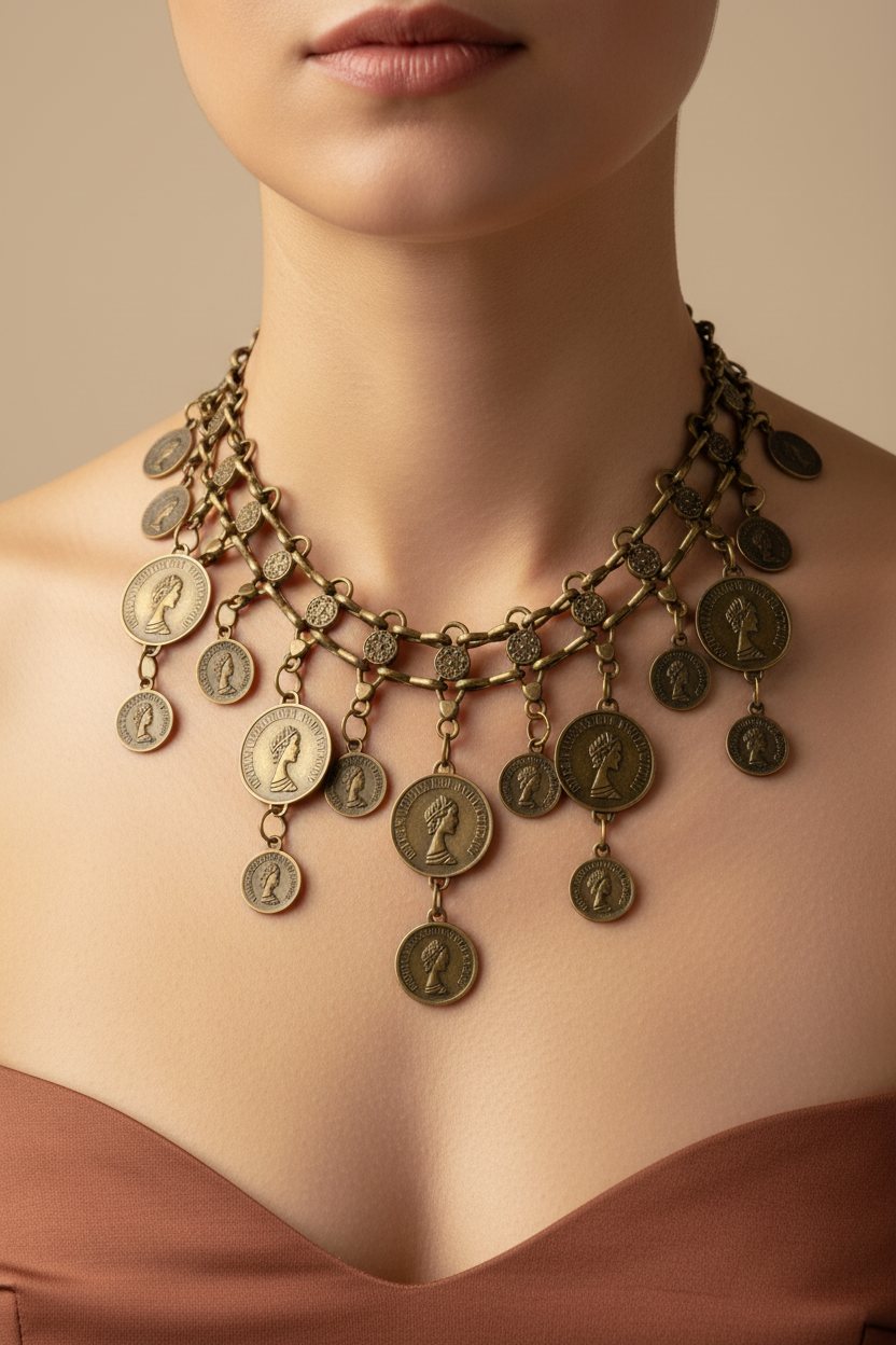 collier vintage - doré vieilli - travaillé - pièces Queen Elizabeth the second  - rare - chic élégant